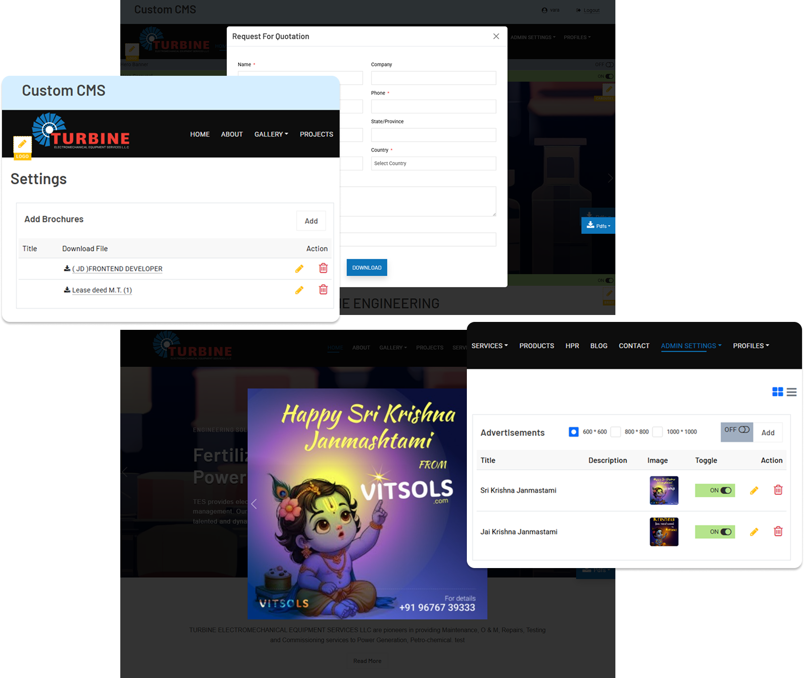 Custom CMS admin module showing brochure download and advertisement settings