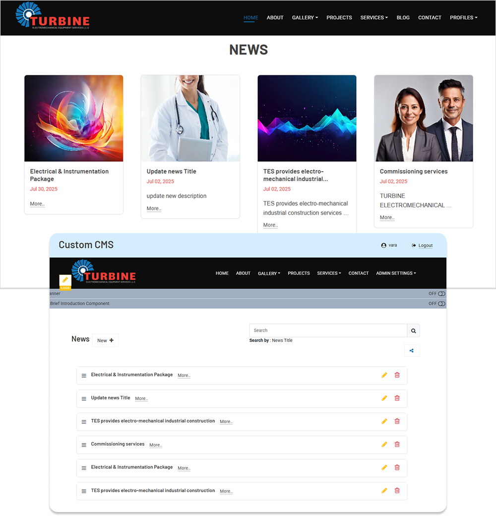 EziPress Admin News Module dashboard for adding and managing company updates