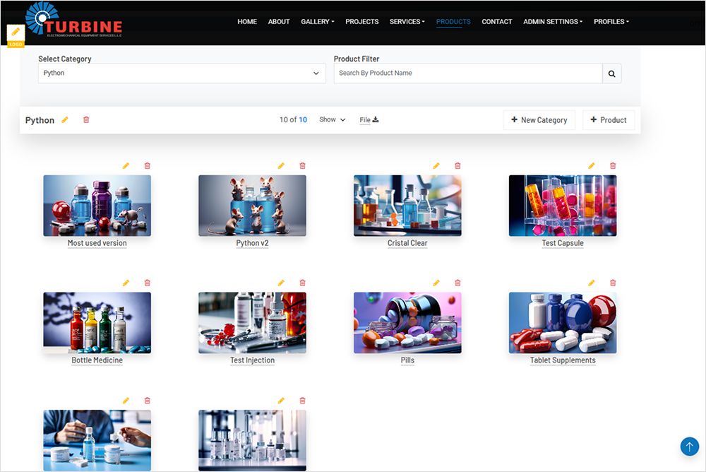 EziPress Admin Products Module with category management and product listing