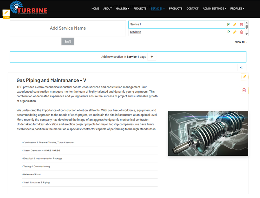 EziPress Admin Services Module with editable service pages and content blocks