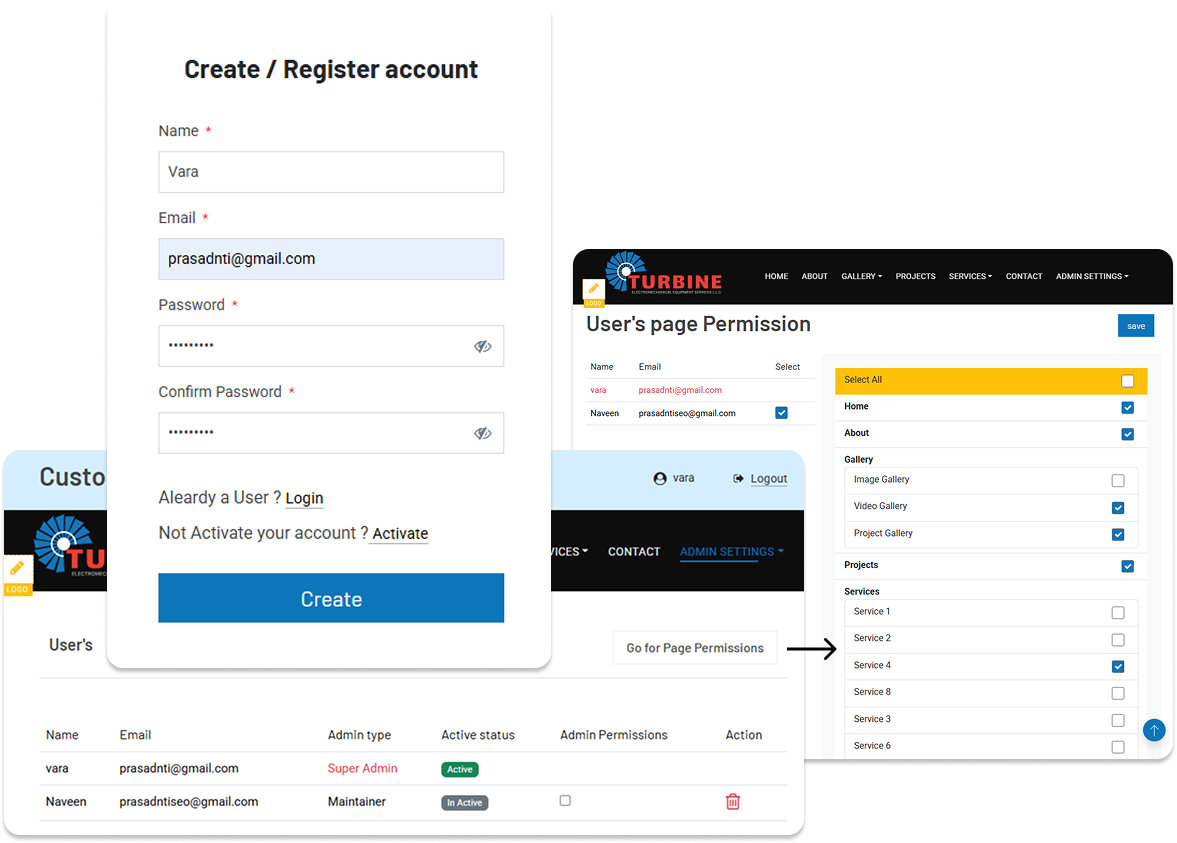 EziPress Admin User Management and Page Permissions dashboard