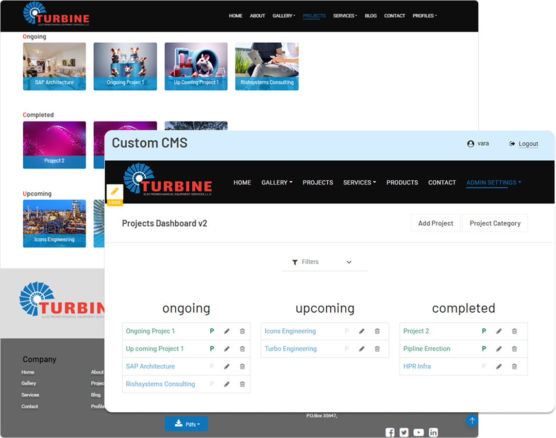 Custom CMS Admin Projects Dashboard Screenshot